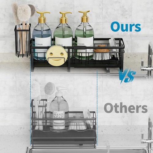 Aurblozen Extra Large Extendable Sponge Holder - Rustproof Kitchen Sink Caddy Organizer | Black