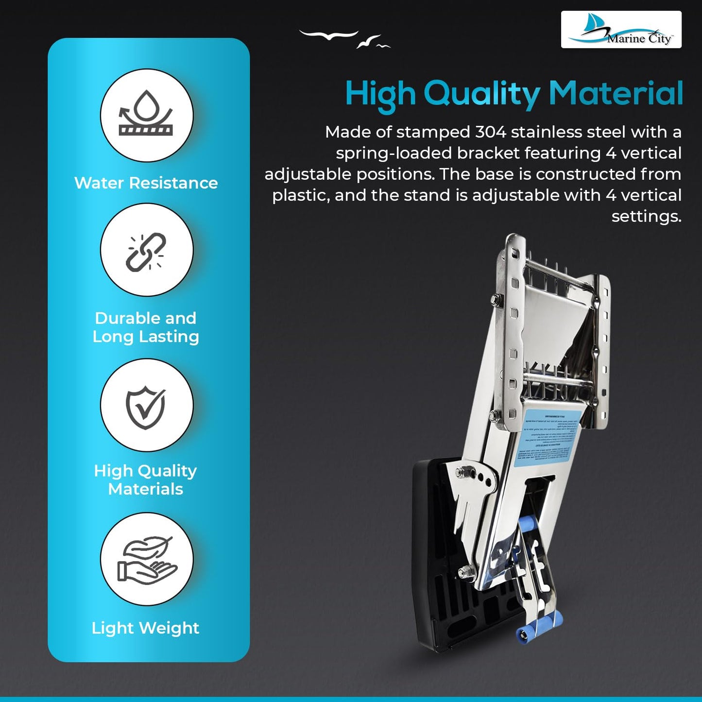 MARINE CITY Aluminum Outboard Motor Bracket, 2-Stroke, Retractable, Spring-Loaded, Up to 115 lbs, Adjustable Mount, Plastic Base, for Powerboats and Yachts (20 HP)