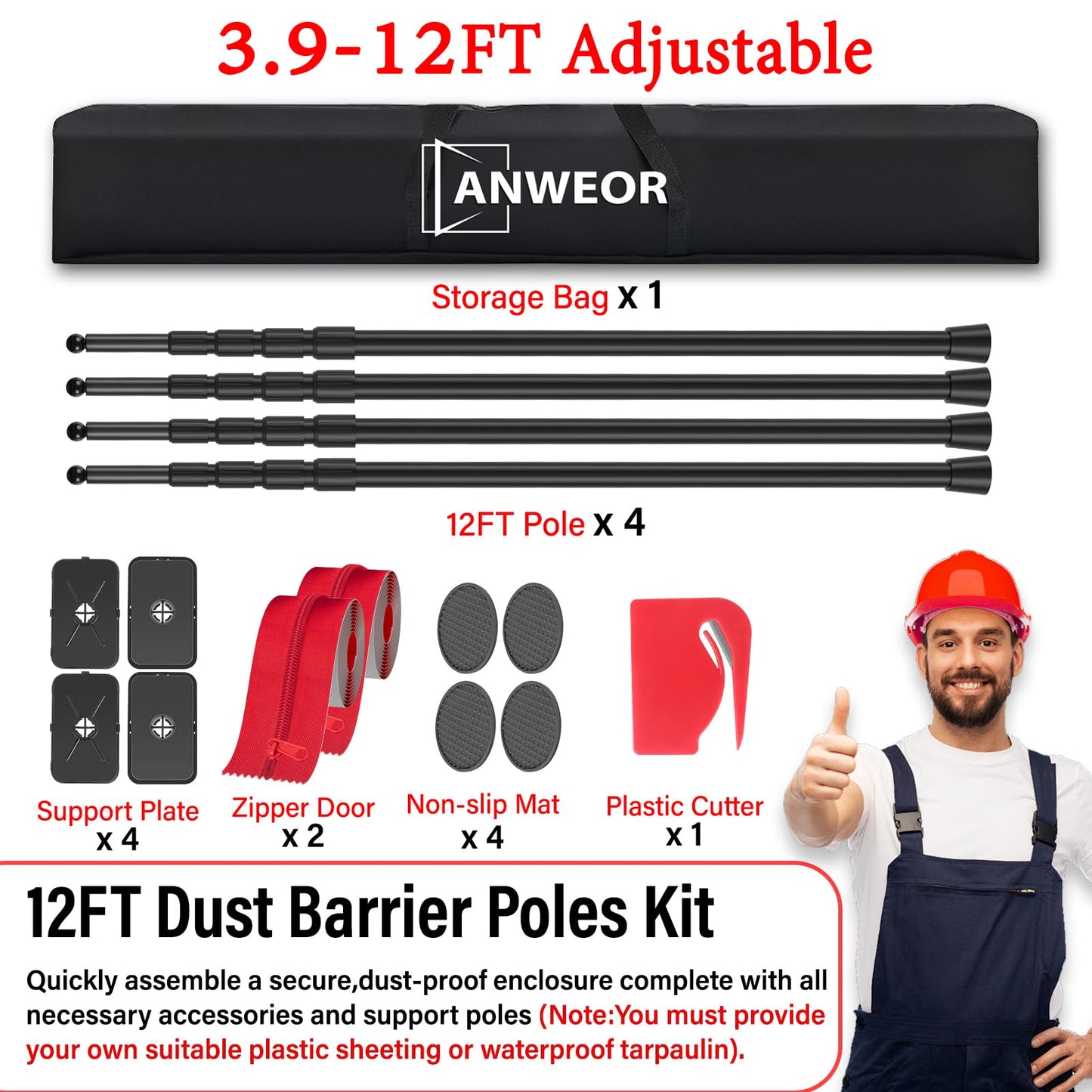 12FT Dust Barrier Poles Kit,Spring Retractable Zipper Wall Poles for Dust Barriers System,Home & Construction,Spring Barrier Loaded Poles for Renovation & Construction Renovation(Exclusive Patent)