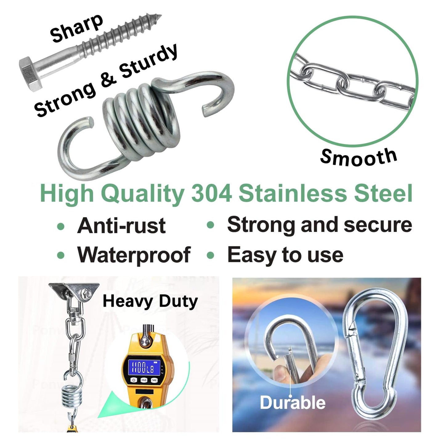 weiatas Hammock Chair Hanging Hardware Kit with Chain and Spring, Heavy Duty Porch Swing Hanger, 360 Swivel Ceiling Hooks for Punching Bag,Gym