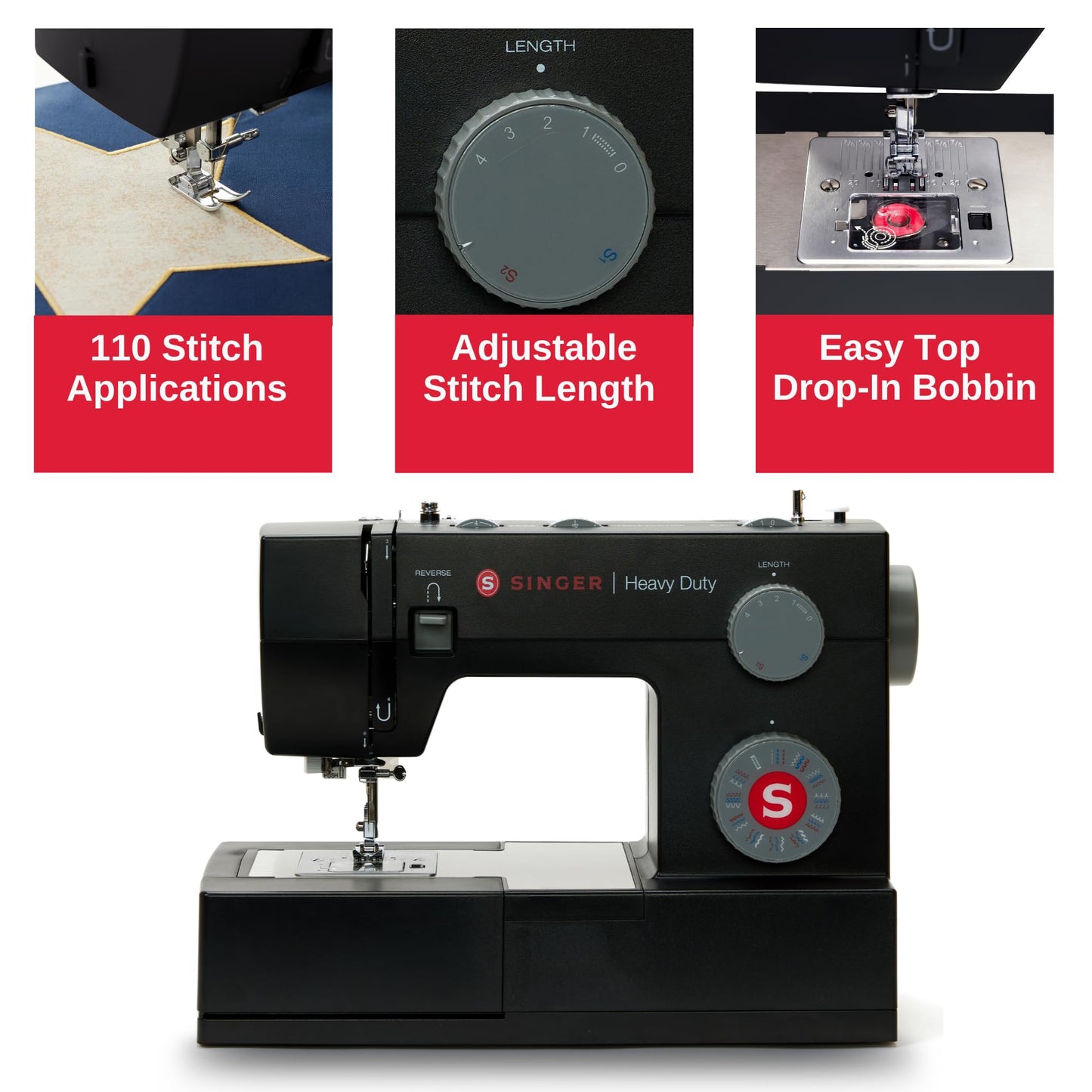 SINGER® Heavy Duty 4432 (Black) High Speed Sewing Machine +Accessory Kit | 32 Built-In Stitches Deliver 110 Stitch Applications | 50% More Power for Thick Fabrics, 1100 Stitches/Min, 1-Step Buttonhole
