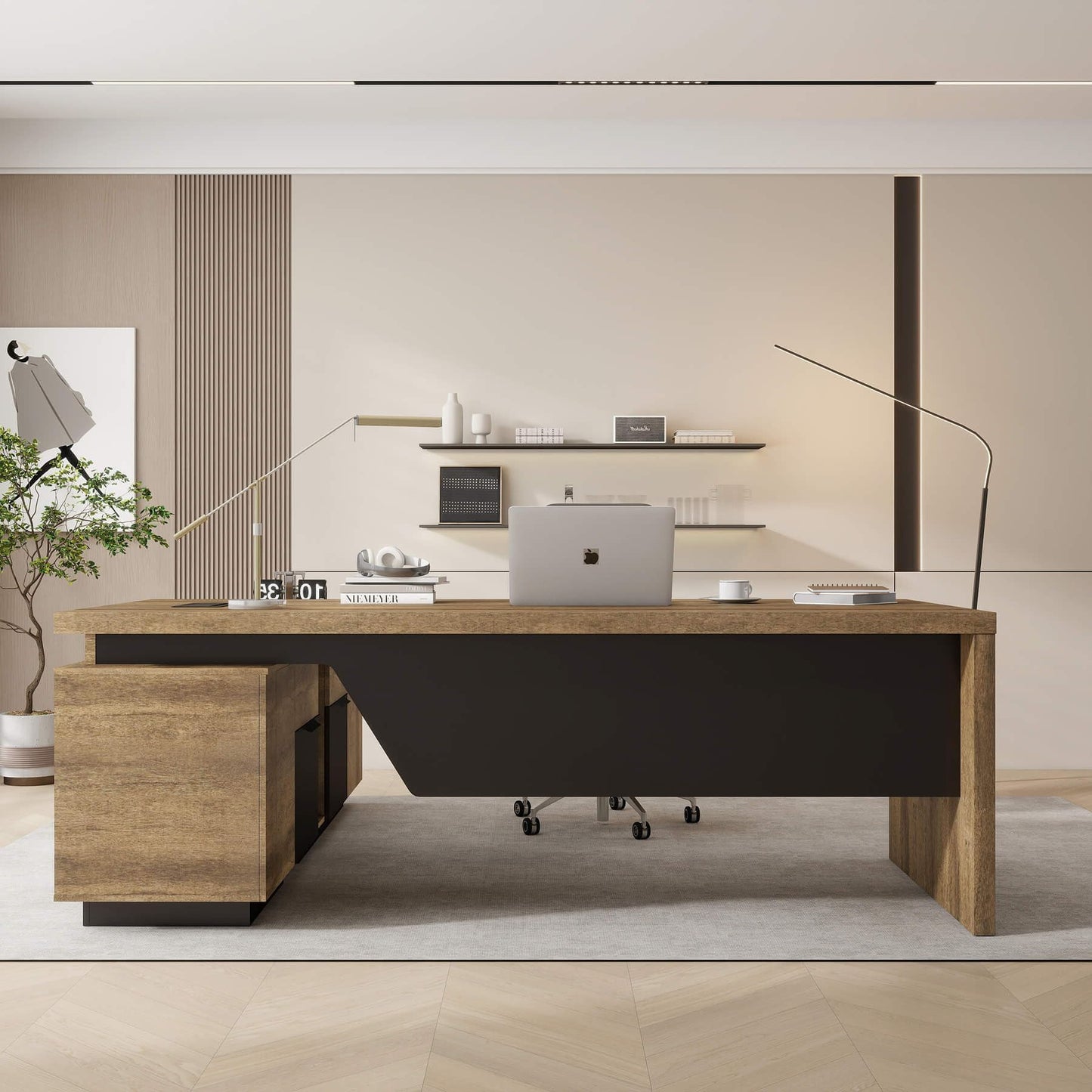 SAINTCY L-Shaped Executive Desk, Retractable Office Desk with Drawers, Large Wood Computer Desks Adjustable Width for Boss, Bussiness Owners, Manangers and Supervisors, (Right Return, 70.86" to 78.7")