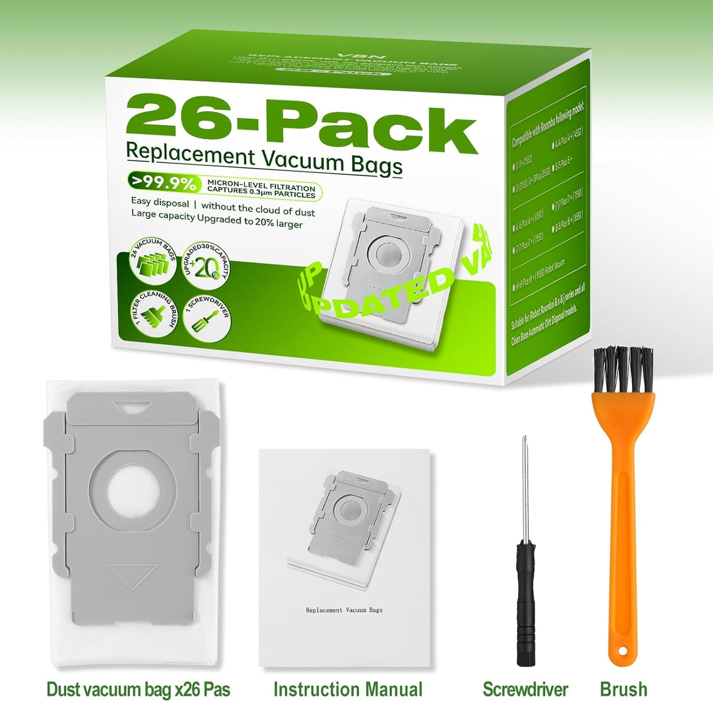 VBN Vacuum Bags for iRobot Roomba | 26-Pack Compatible with i3+ i4+ i5+ i6+ i7+ i8+ j7+ j8+ j9+ s9+