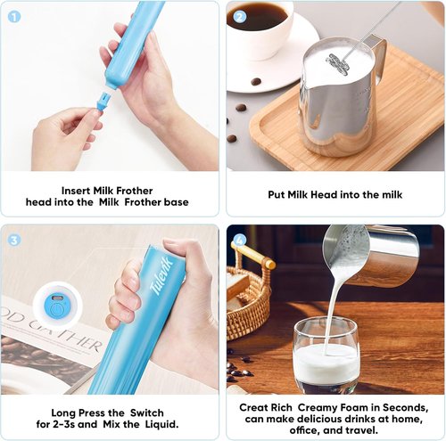 Milk Frother - Skiennix Handheld Electric Whisk with 3 Speeds & USB Rechargeable - Mini Blue Frother for Coffee, Latte & Cappuccino
