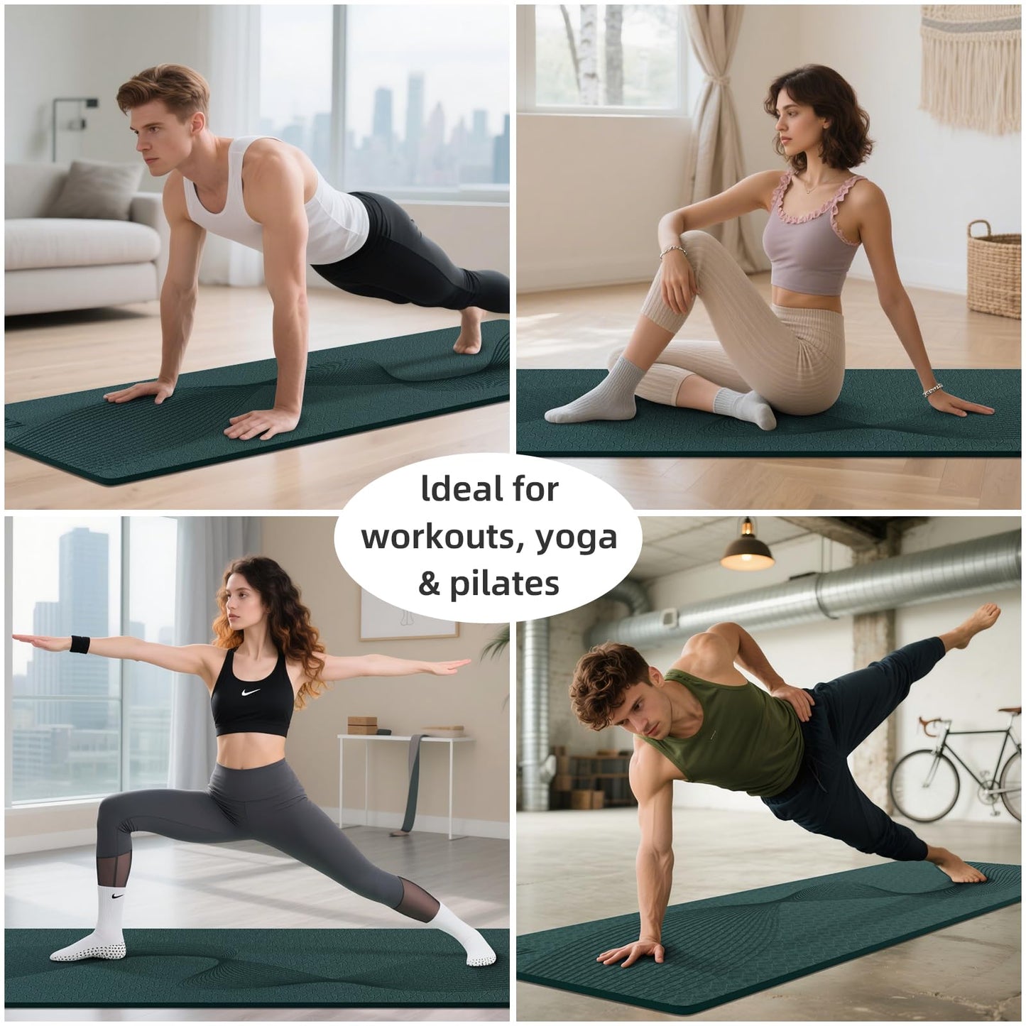 ILILI Yoga Mat, 72x25×0.3 Inch, TPE Exercise Mat, Odorless & Tear-Resistant, with Strap, Ideal for Yoga, Pilates, Home Workouts, Stretching & All Fitness Routines (Dark Green)