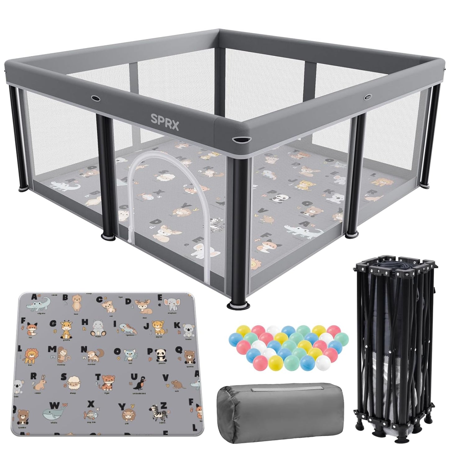 Skiennix Foldable Baby Playpen - 50" x 50" Collapsible Playard for Indoor & Outdoor Use | Includes Travel Pack & 30 Ocean Balls