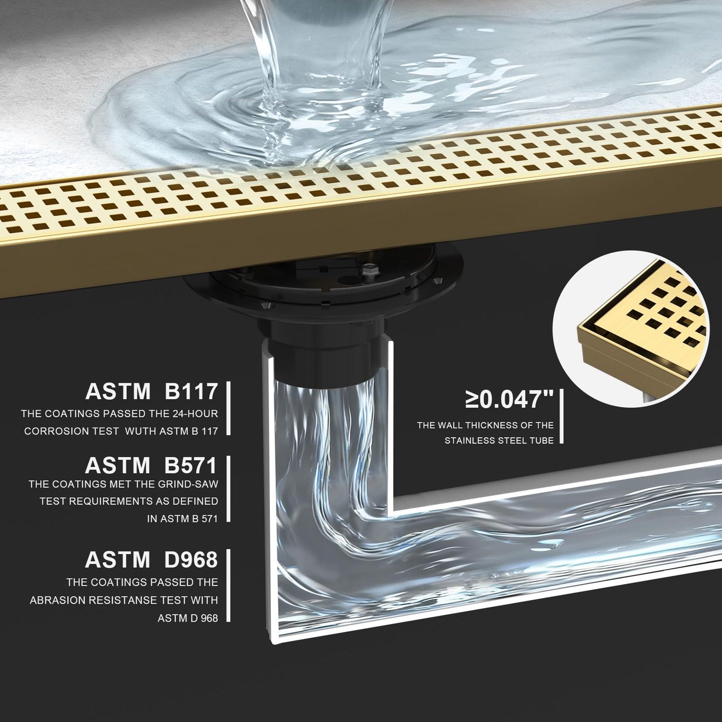 24-Inch Brushed Gold Linear Shower Drain, 304 Stainless Steel Long Linear Drain with Quadrato Pattern Grate, Rectangle Shower Floor Drain with Adjustable Feet, Hair Strainer, Fits Bathroom, Balcony