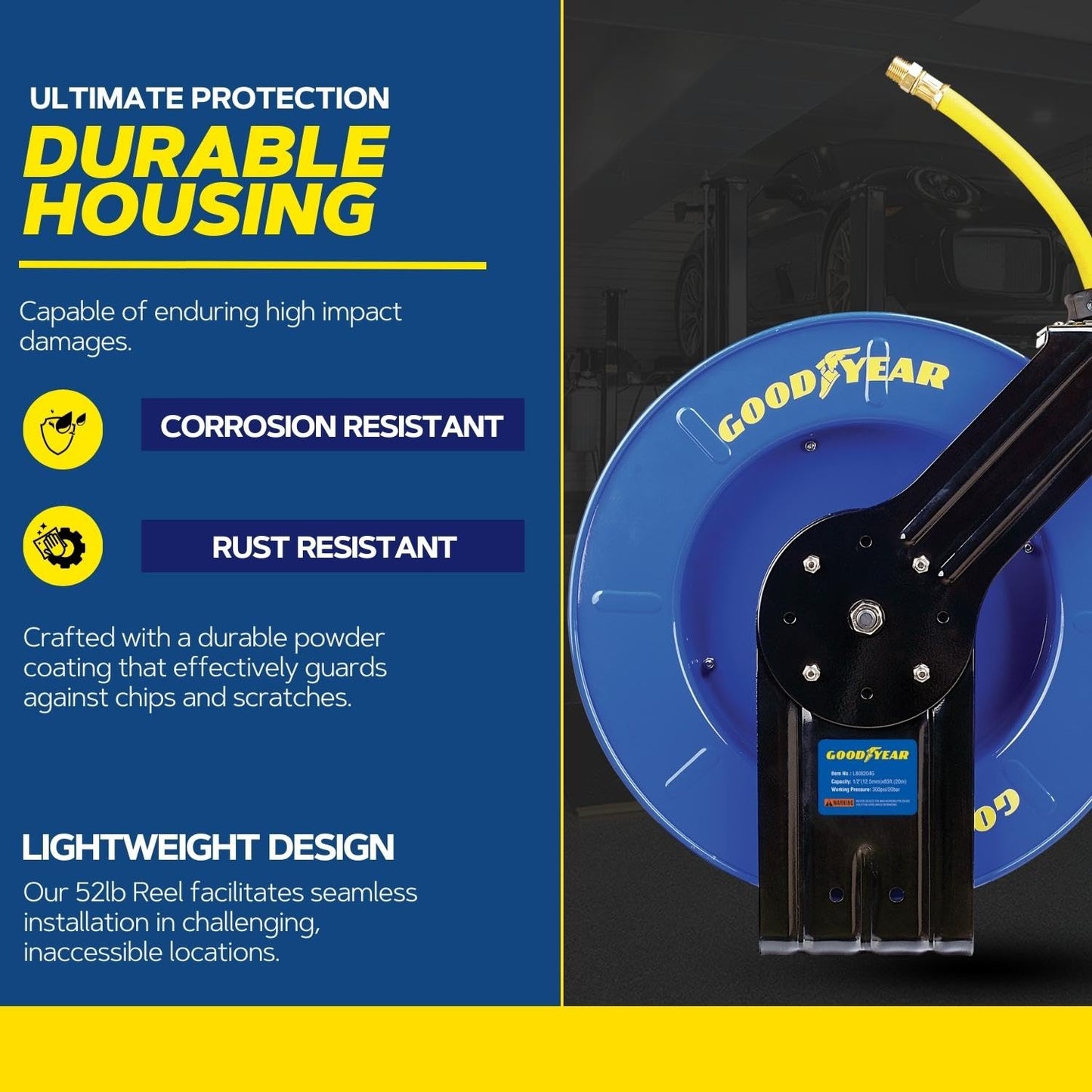 Goodyear Air Hose Reel Retractable 1/2" Inch x 65' Foot SBR Rubber Hose Max 300PSI Heavy Duty Industrial Steel Single Arm Construction