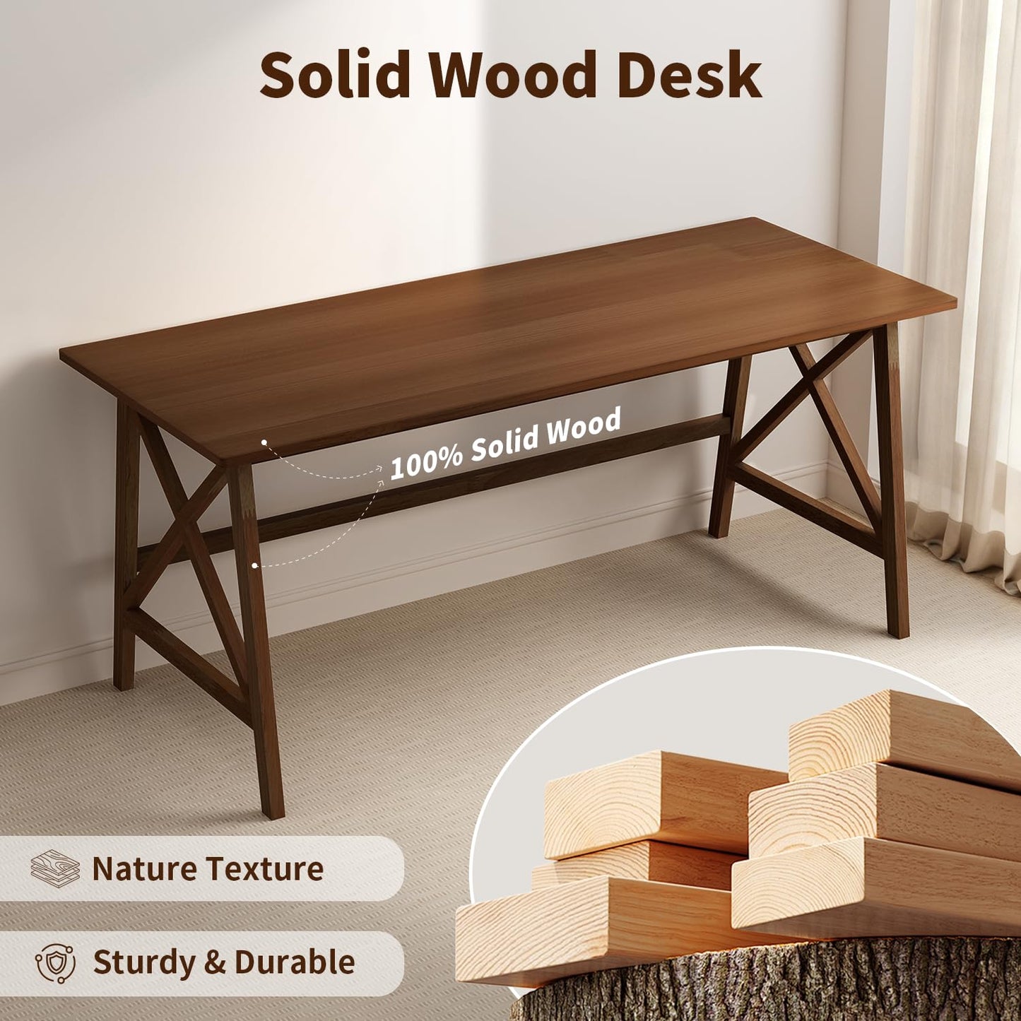 NELYE Modern Solid Wood Desk - 54" Simple Computer Table for Home Office Study Writing Workstation in Walnut, 54" W x 24" D