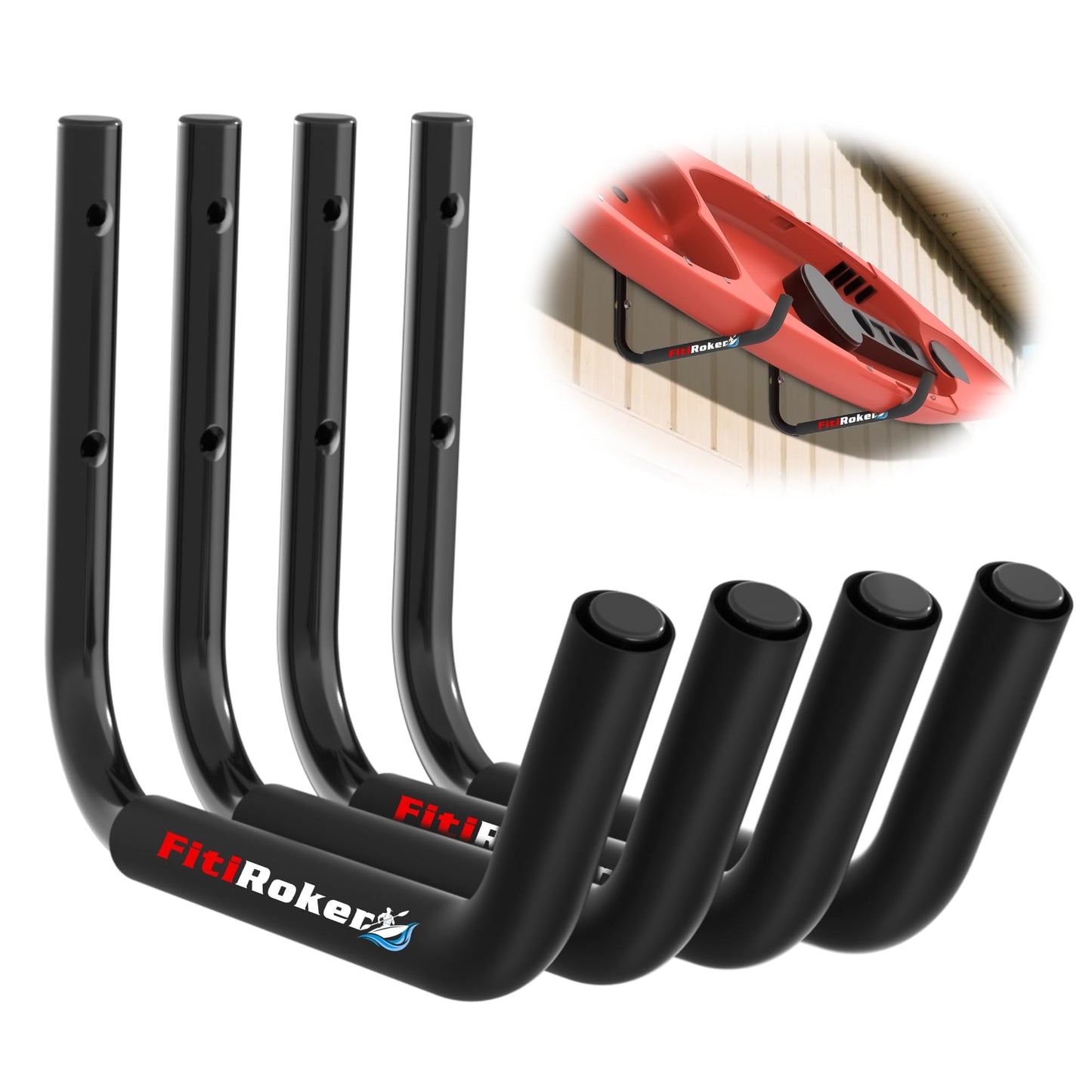 FitiRoker Kayak Storage Rack – 100LB Wall Mounted Kayak Hook with EVA Padding | Kayak Wall Mount & Kayak Rack for Garage | Garage Storage Hooks for Canoes, Paddle Boards, Ladders, Bikes (Round Tube)