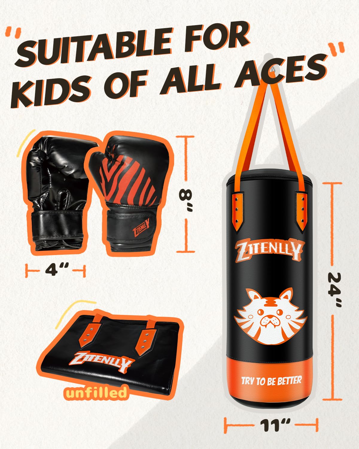 ZTTENLLY Kids Punching Bag with Gloves - PU Leather & Adjustable Height Strap - Boxing Bag Set for 3-8 Years Kids Great for Boxing, MMA, Kickboxing （Unfilled）