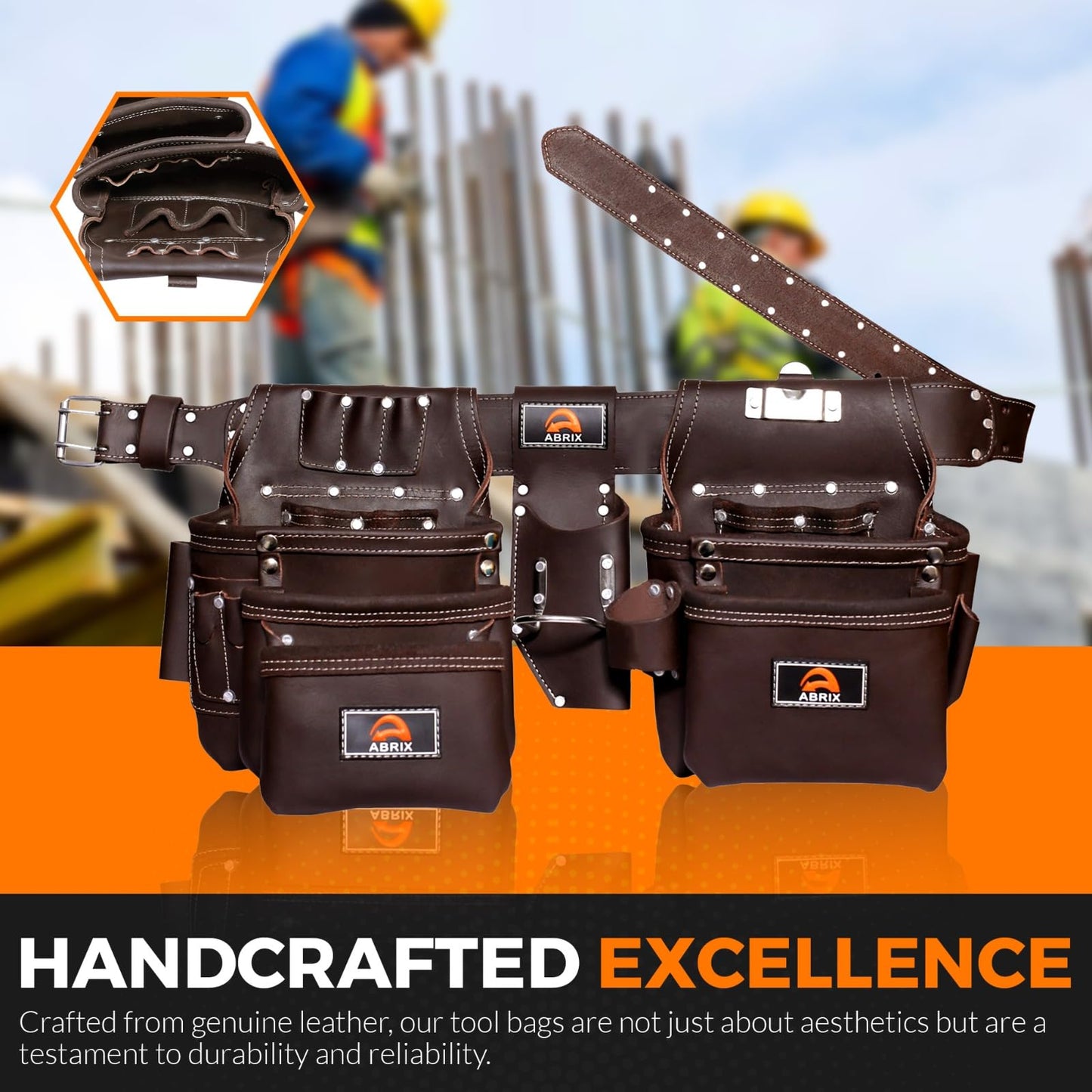 ABRIX Heavy Duty Tool Belt for Men – 4MM Thick Genuine Leather, Brass Buckle & Rivets | Foam Padded Comfort | 28-Pocket Carpenter & Framing Rig | Fits Waist 32 to 52 Inches | Professional Work Belt