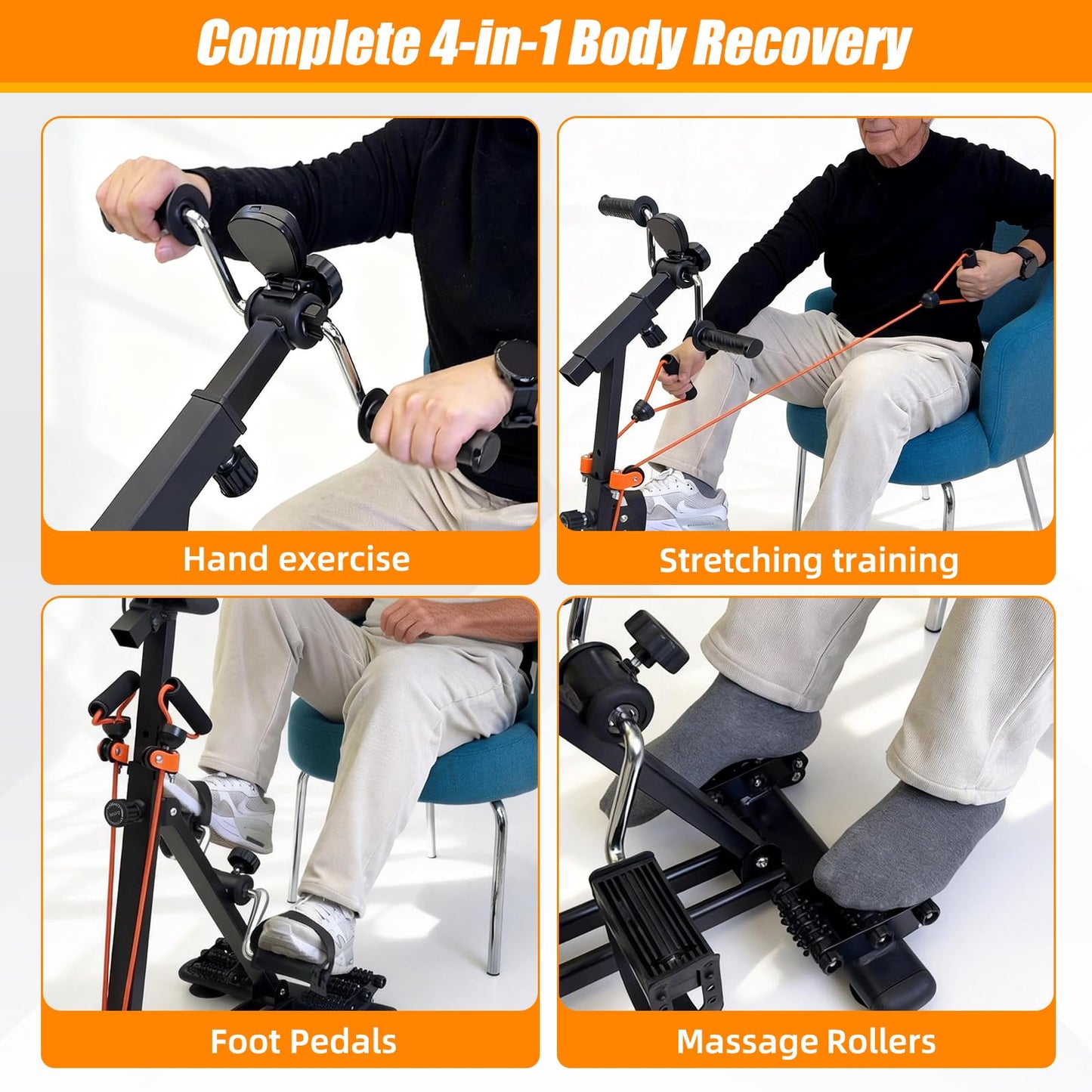 Pedal Exerciser for Seniors, Heavy Duty Arm and Leg Exercise Bike for Physical Therapy, Seated Rehabilitation Equipment with Massage Rollers & Adjustable Resistance for Stroke Recovery (Black)