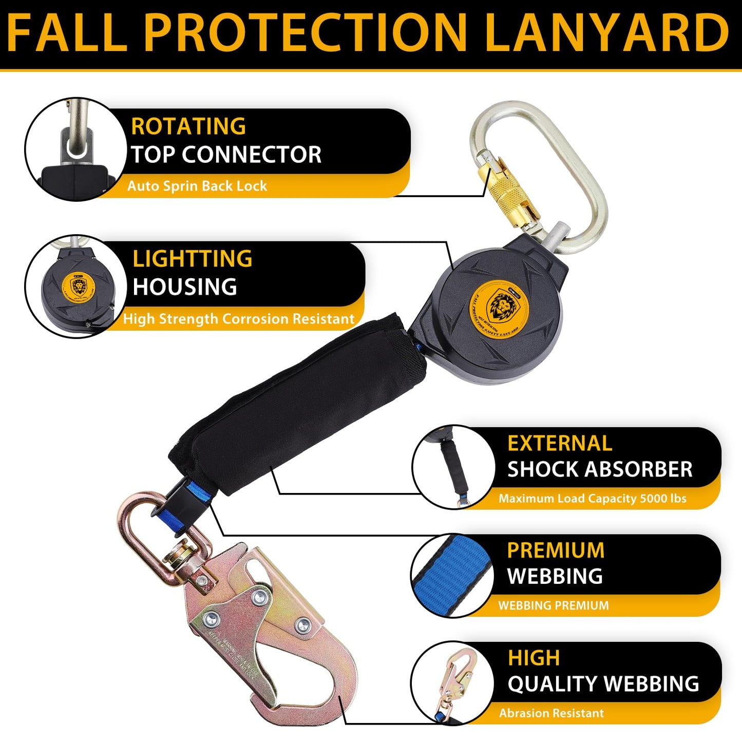 GMSXCC Fall Protection Safety Lanyard - 11FT Self Retracting Fall Arrest Lifeline Roofing Construction Gear OSHA/ANSI Compliant