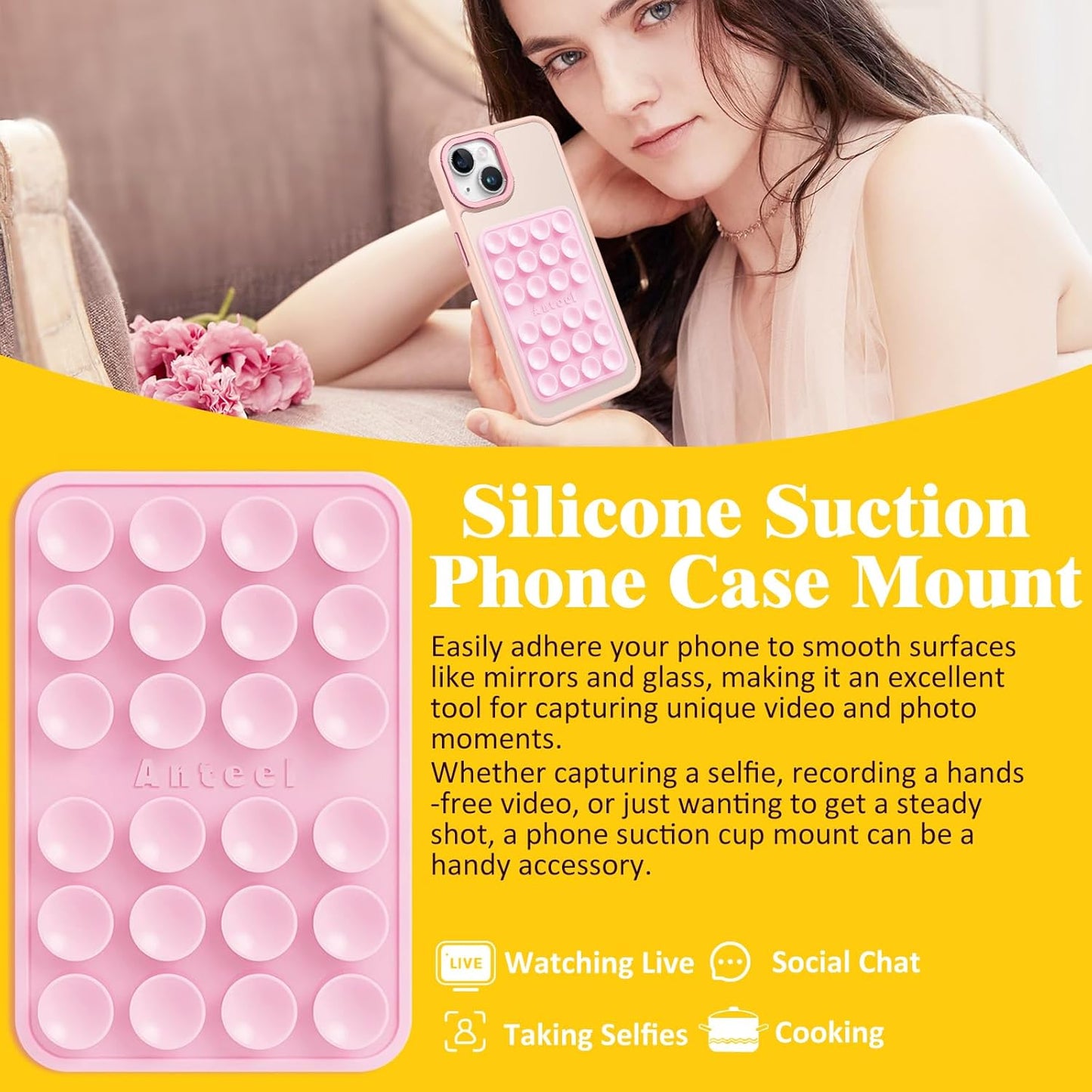 Anteel 4 Pack 2026 2.28"x3.46" Silicone Suction Phone Case Adhesive Mount, Upgraded Thickened & Enhanced Suction Power