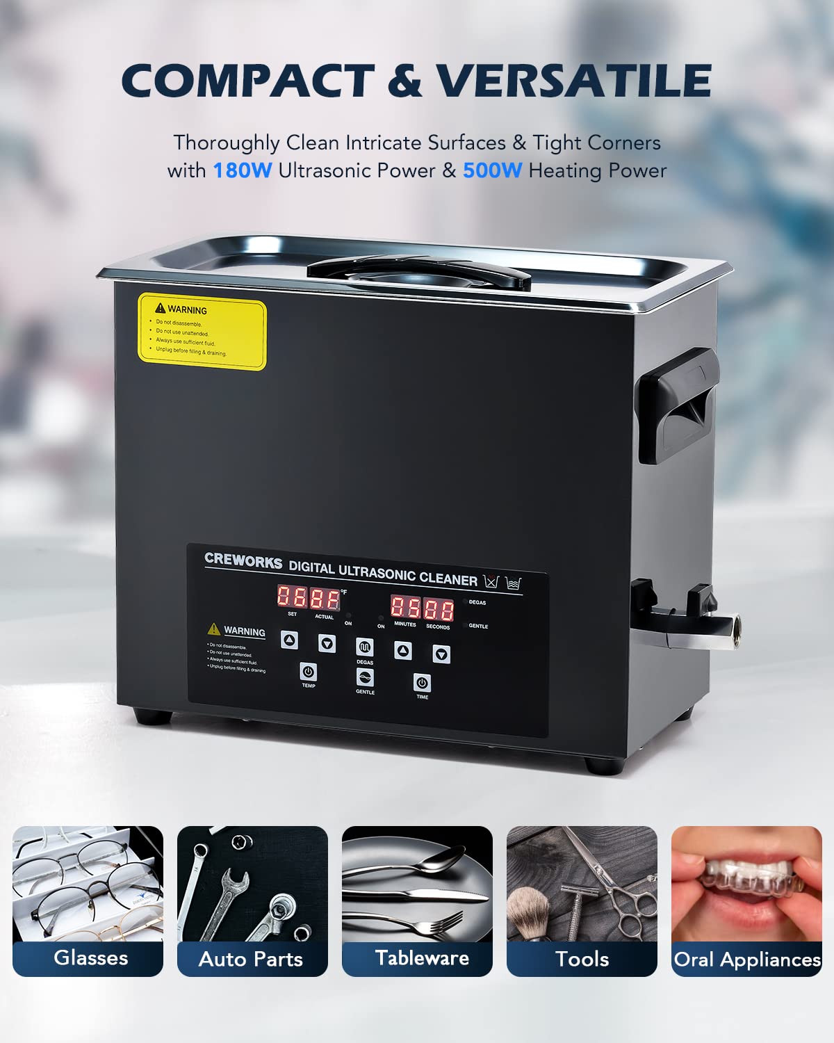 CREWORKS 6L Digital Ultrasonic Cleaning Machine with Degas and Gentle Mode, 180W Ultrasonic Cleaner Machine with Heater and Timer, 1.6 gal Ultrasound Cleaner for Retainer Jewelry Lab Tool Auto Part
