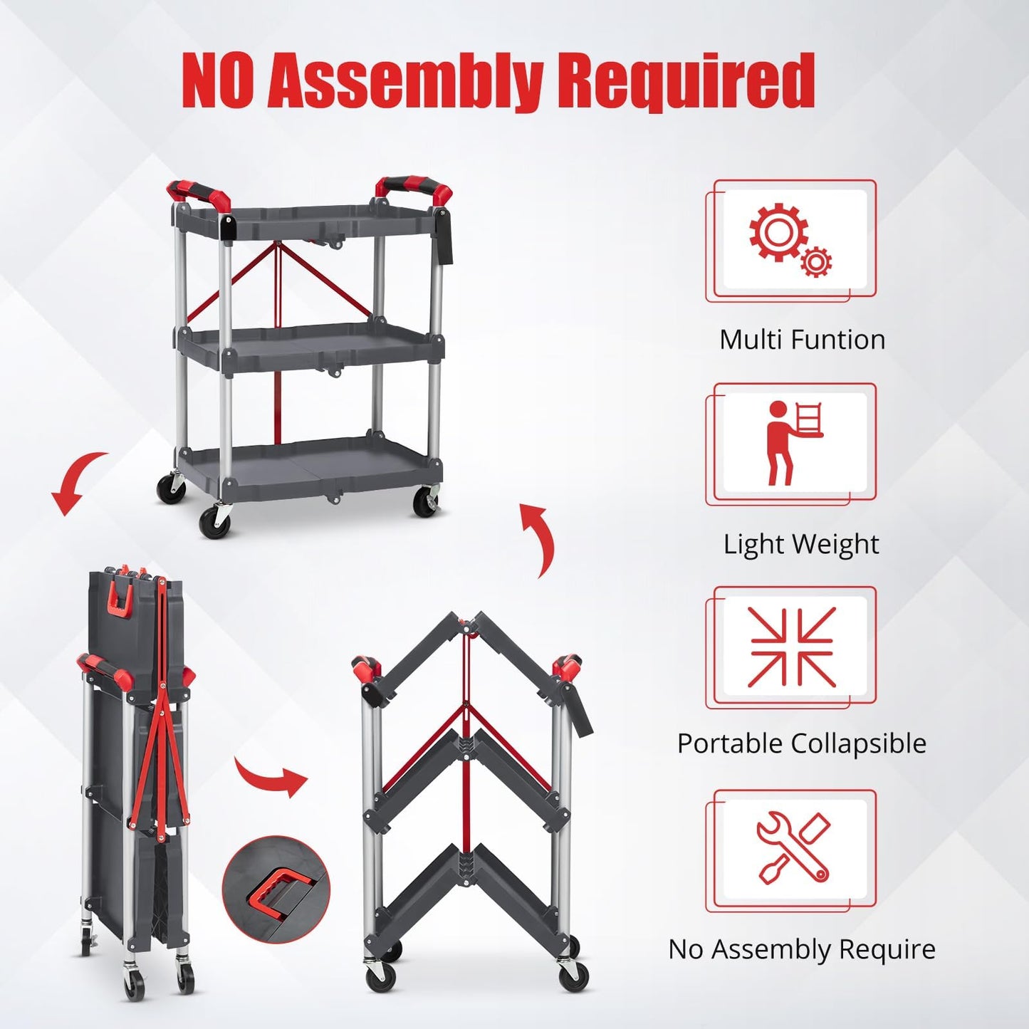 Foldable Utility Carts with Wheels, 3-Tier Holds Folding Rolling Cart with Fixed Rope, Pack-N-Roll Collapsible Service Cart for Home, Office, Garage, and Warehouse - No Assembly Required