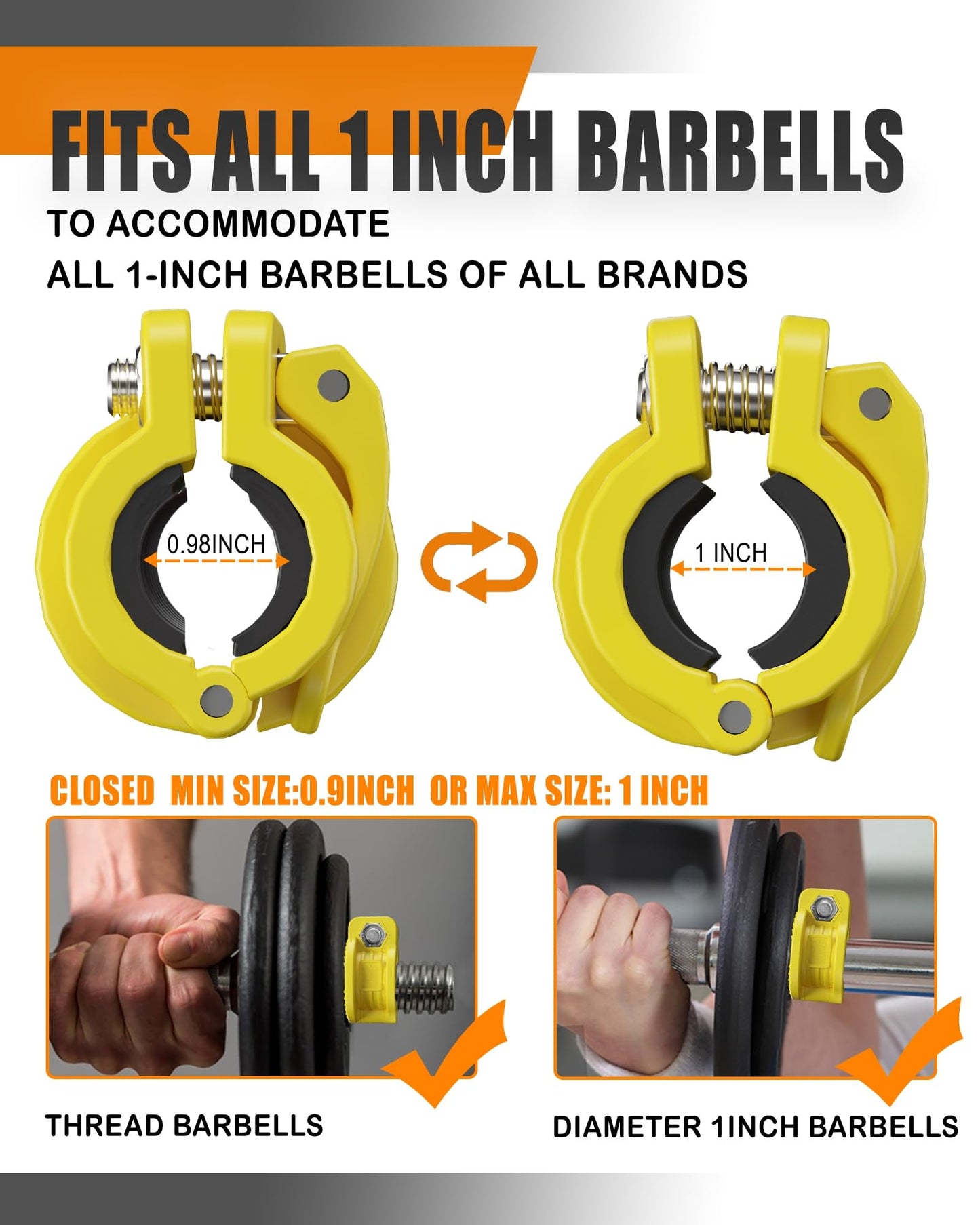 MAXRICH T Barbell Clamp 1 inch Multiple Sizes & Adjustable Weight Clips for Barbell Quick Release Barbell Clips|Barbell Collar Bar Locks for Weight Lifting (Yellow)