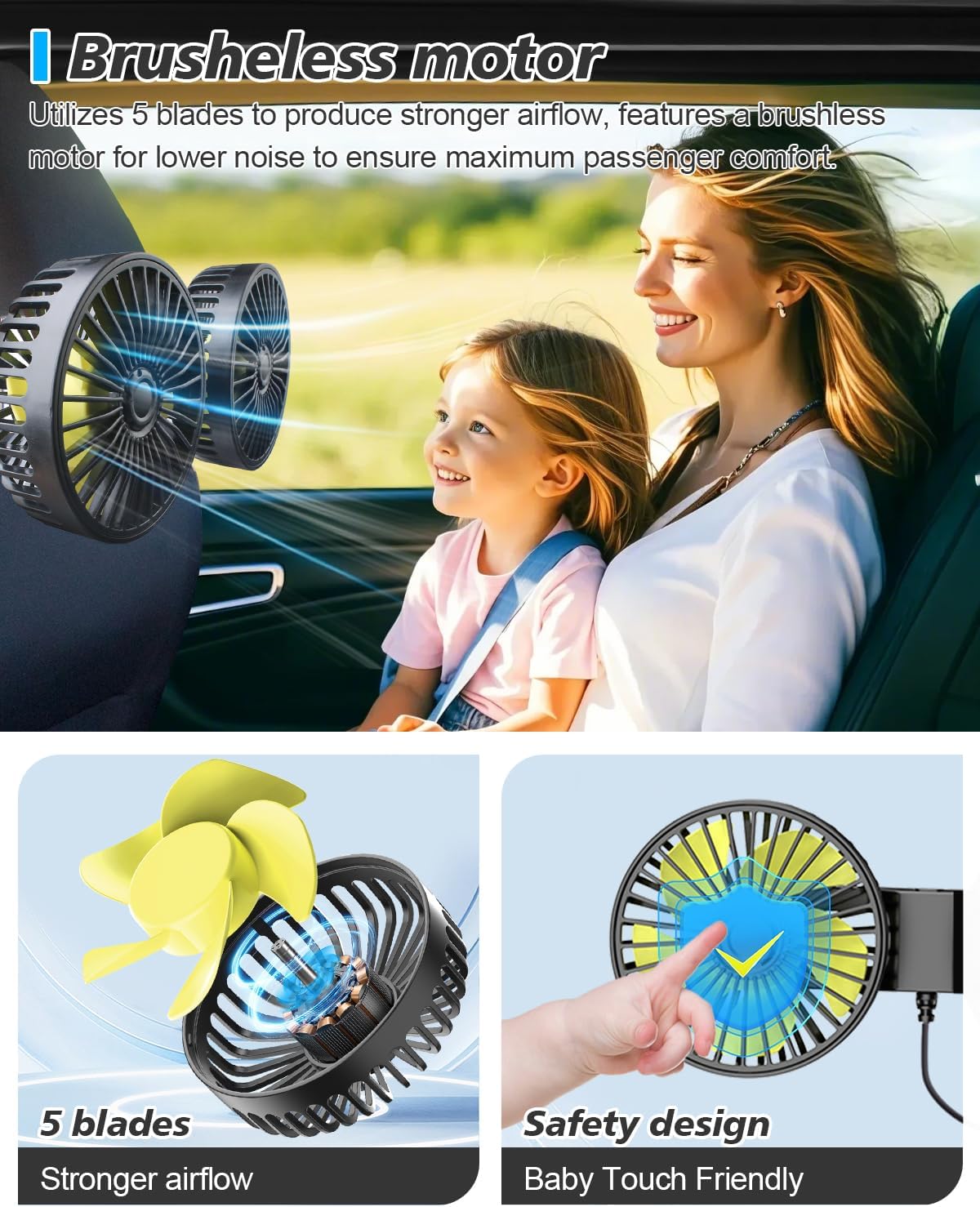 3 360 Poraxy Car Fans for Backseat Kids, Dual Head Car Fans that Blow Cold Air, Cooling USB Back Seat Speed Degree