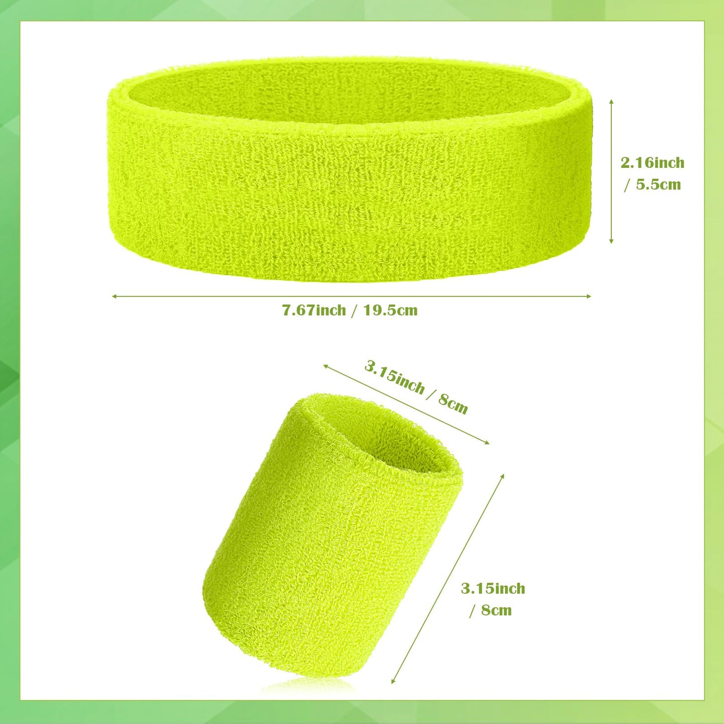24 Pieces 80s Neon Sweatbands Set, Include 8 Sports Headbands and 16 Sweat Wristbands Elastic Athletic Tennis Sweat Bands Bulk for Man Woman(Fluorescent Yellow)