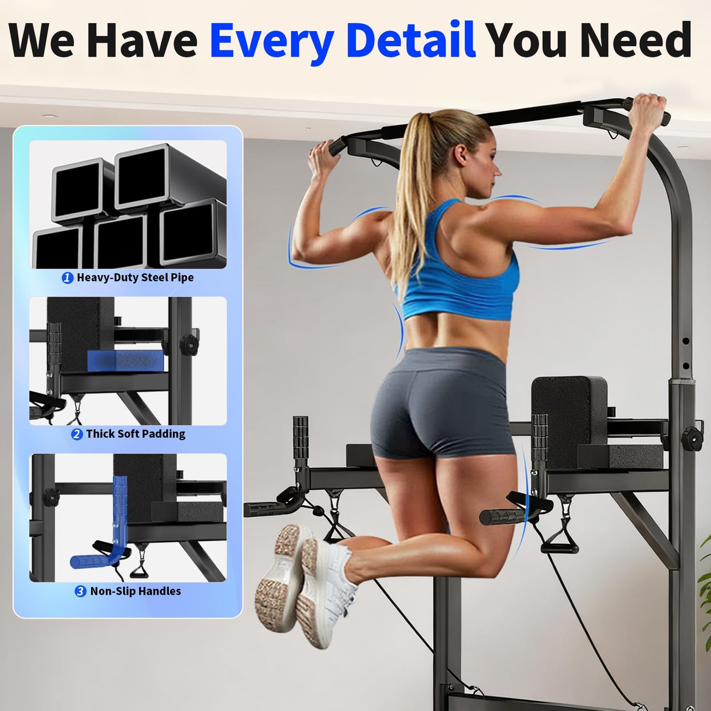Pull Up Bar Power Tower Dip Station, Adjustable Strength Training Equipment for Home Gym Workout, Multi-Function Pull Up and Dip Bar