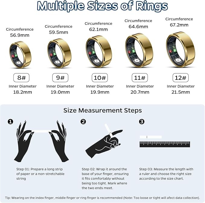 Smart Ring Health Tracker, Sleep Tracker Ring with Heart Rate, Waterproof Fitness Ring for Activity Monitoring/Steps/Distance/Calories, Air Gestures,Up to 7-Day Battery, for iOS and Android (Gold,#8)