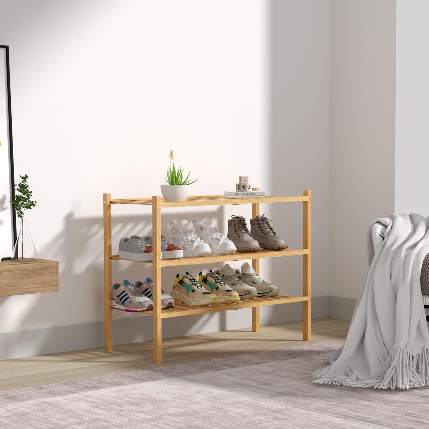 ROMGUAR CRAFT 3-Tier Bamboo Shoe Rack - Stackable Wood Storage Organizer for Small Spaces | 27"x11"x20" (Natural)