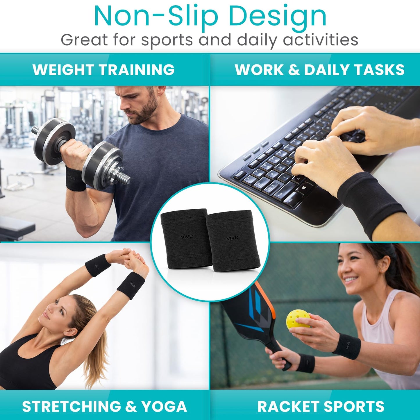 Vive Wrist Compression Sleeves for Women & Men (Pair) - Elastic Support Wristband for Pain Relief & Circulation - Wrist Support for Carpal Tunnel, Arthritis, Tendonitis - Great for Sports Injury
