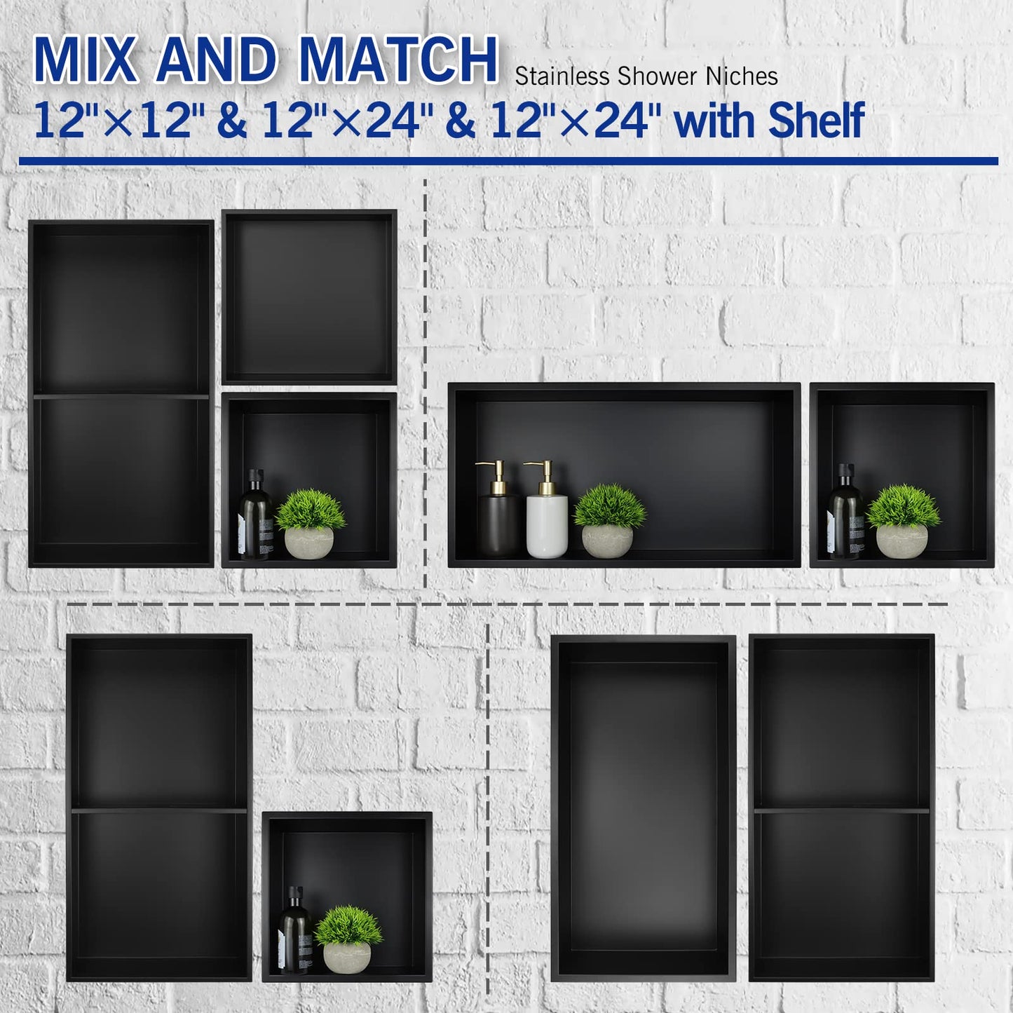 Bernkot Stainless Steel Shower Niche 24" X 12" Matte Black No Tile Needed Niche Shower for Bathroom Storage Recessed Wall Niches Bathroom Shelf Over Mount Installation