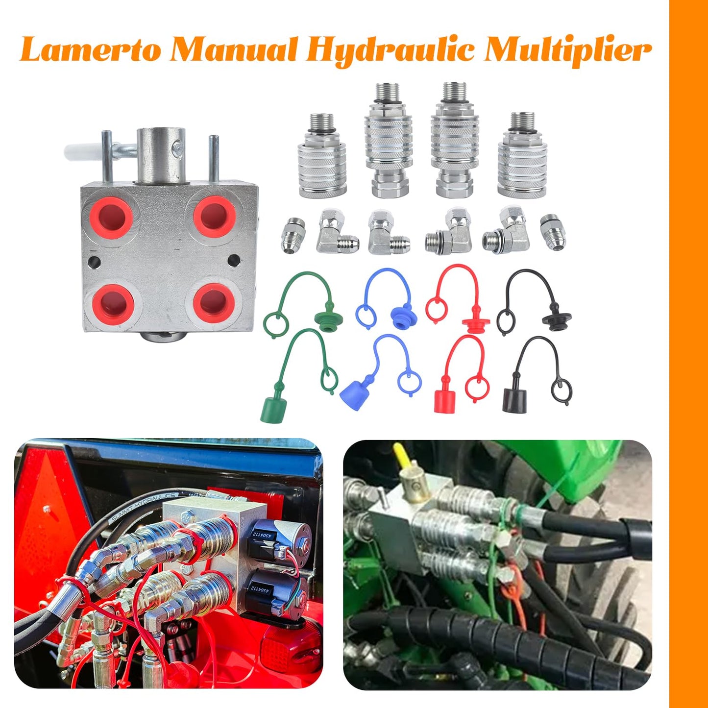 Lamerto Manual Hydraulic Multiplier SCV Splitter Diverter Valve - for Double/Single-Acting Cylinders, 3000 PSI, 20 GPM Flow, 45° Quick Switch, Leak-Proof 3/4-16 ORB (-08) Thread with Coupler Fitting