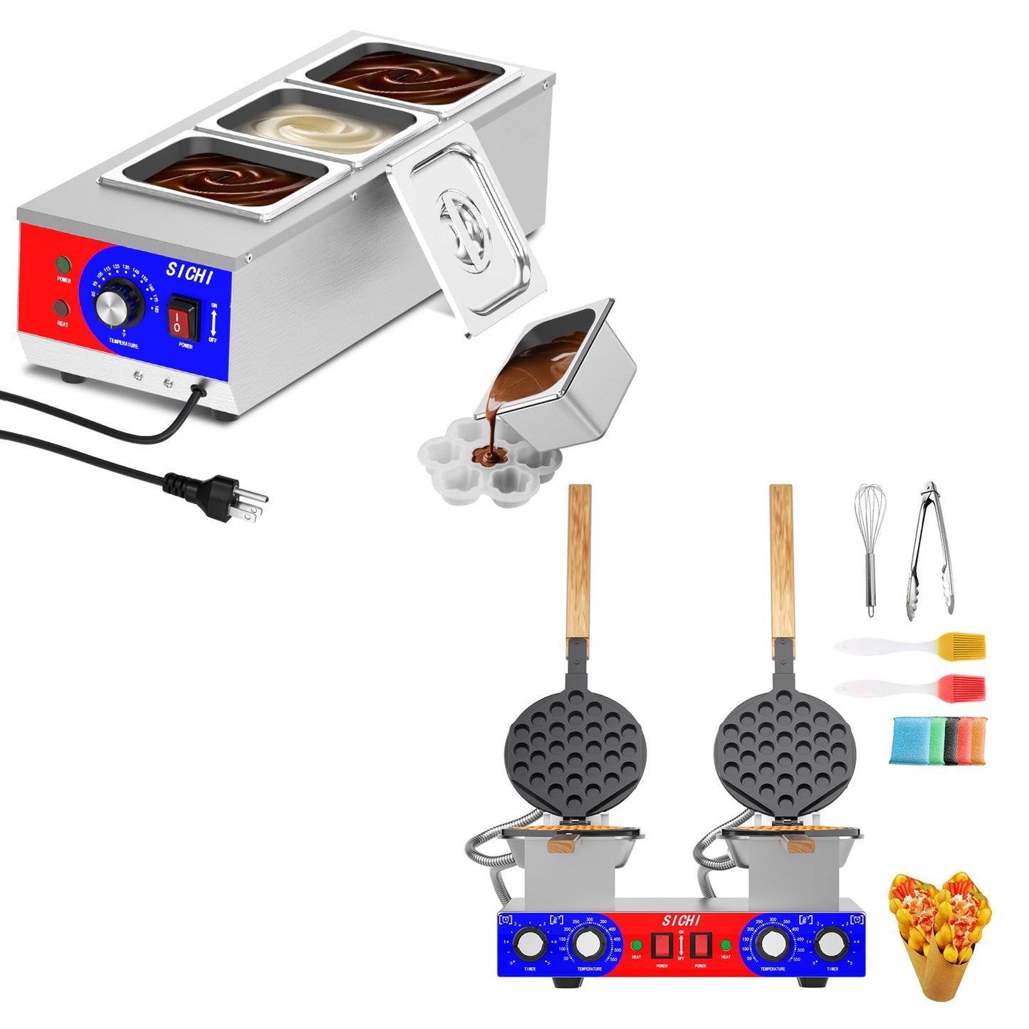 HTTSICHI 2800W Commercial Bubble Waffle Maker & 13L Chocolate Tempering Machine, Dual Non-stick Pans w/Timer & Temp Control, 3-Tank Stainless Melter w/86-185°F Control, for Restaurants & Dessert Shops