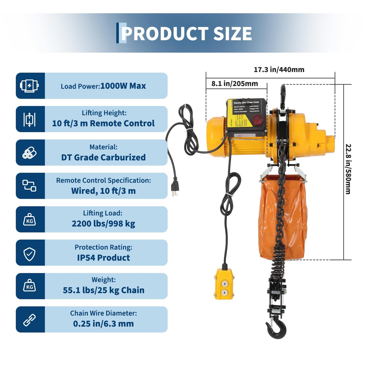 Electric Chain Hoist, 2200 lbs/1 ton Capacity, 10 ft Lifting Height, 10 ft/min Speed, 120V, Single Phase Overhead Crane with G100 Chain, 10 ft Wired Remote Control for Garage, Shop, Hotel, Home
