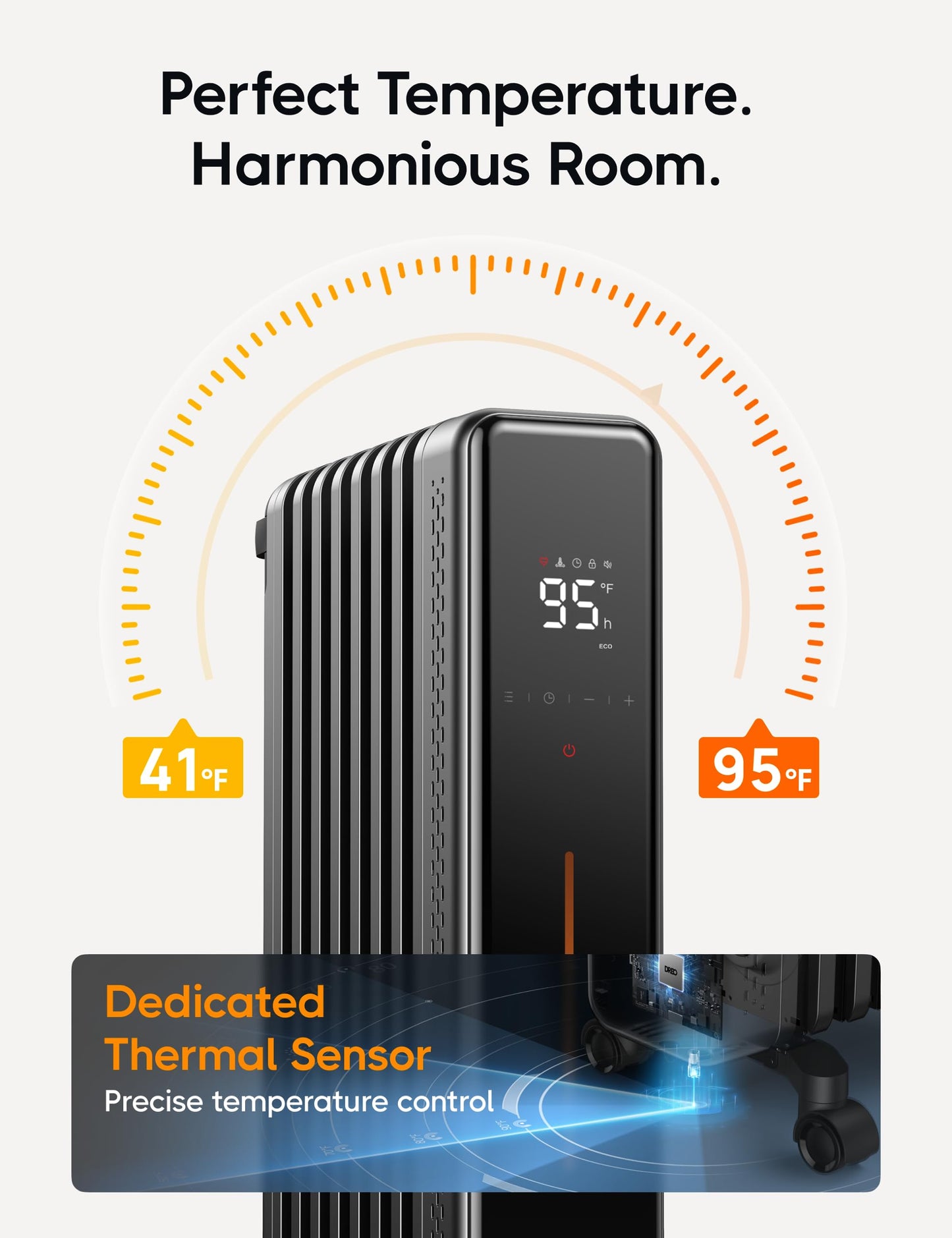 DREO Radiator Heater, 8 Safety Protection Oil Filled Radiator Heater for Indoor Use, 1500W Electric Heaters for Large Room, 8 Fins, with Remote, 4 Modes, Digital Thermostat, 24H Timer, Quiet