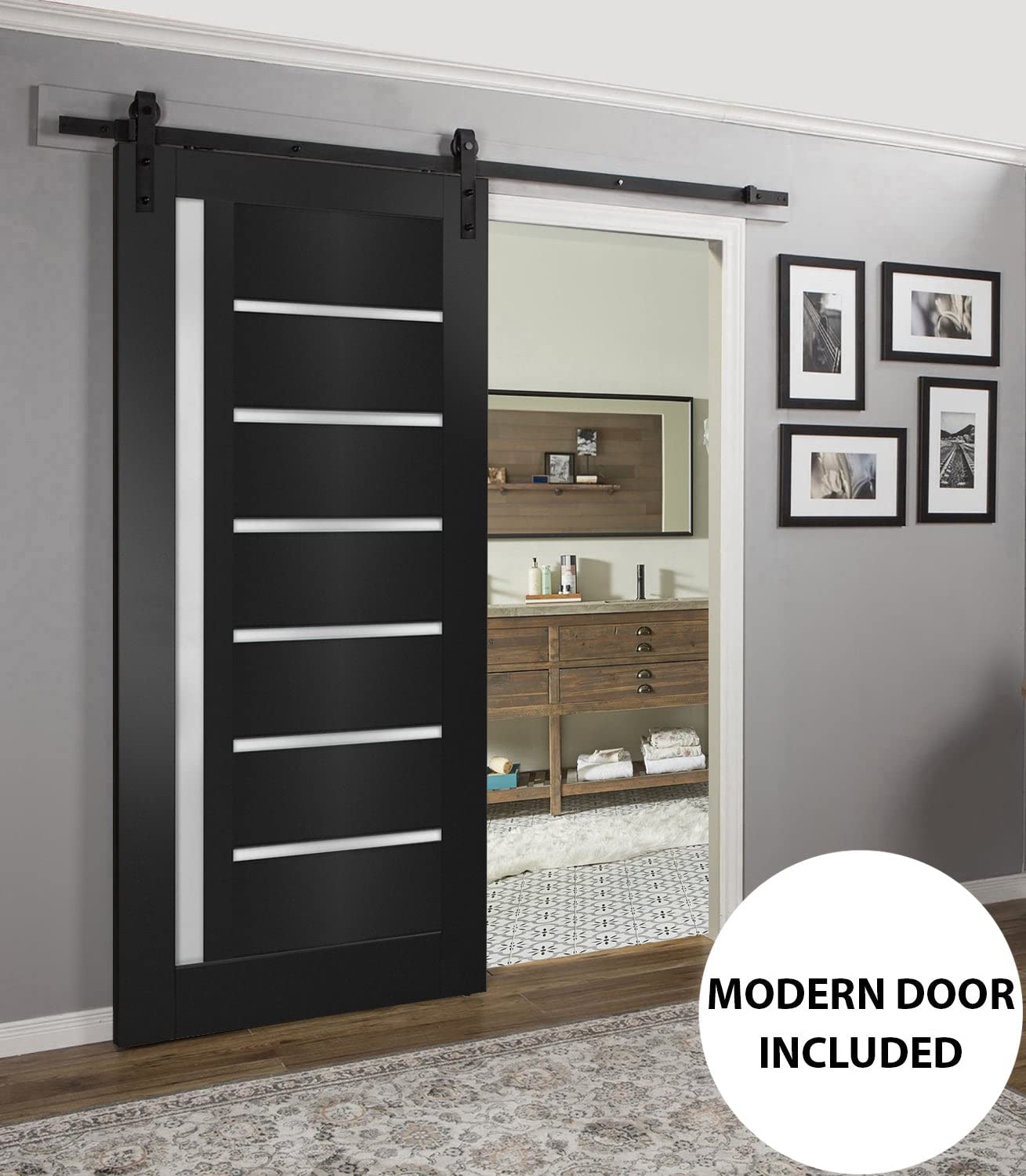 SARTODOORS Quadro 4088 Barn Door 32 x 96 in, Black Matte Solid MDF Core, Sliding Interior Door Slab with 6.6 FT Black Rail Hardware Included