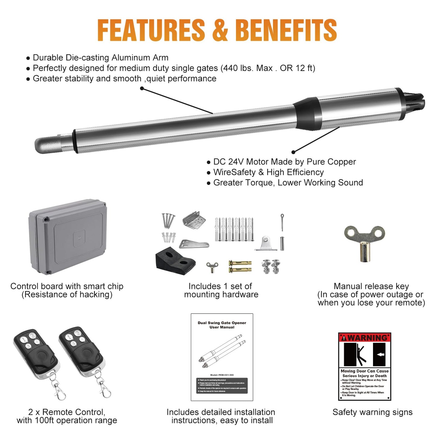 JUJIANG C01 Automatic Gate Opener with Remote Complete Kit for Single Swing Gate Up to 440lb 16FT, Electric Gate Opener Medium Duty Single Swing Gate Opener Automatic Gate Motor 40W AC Powered