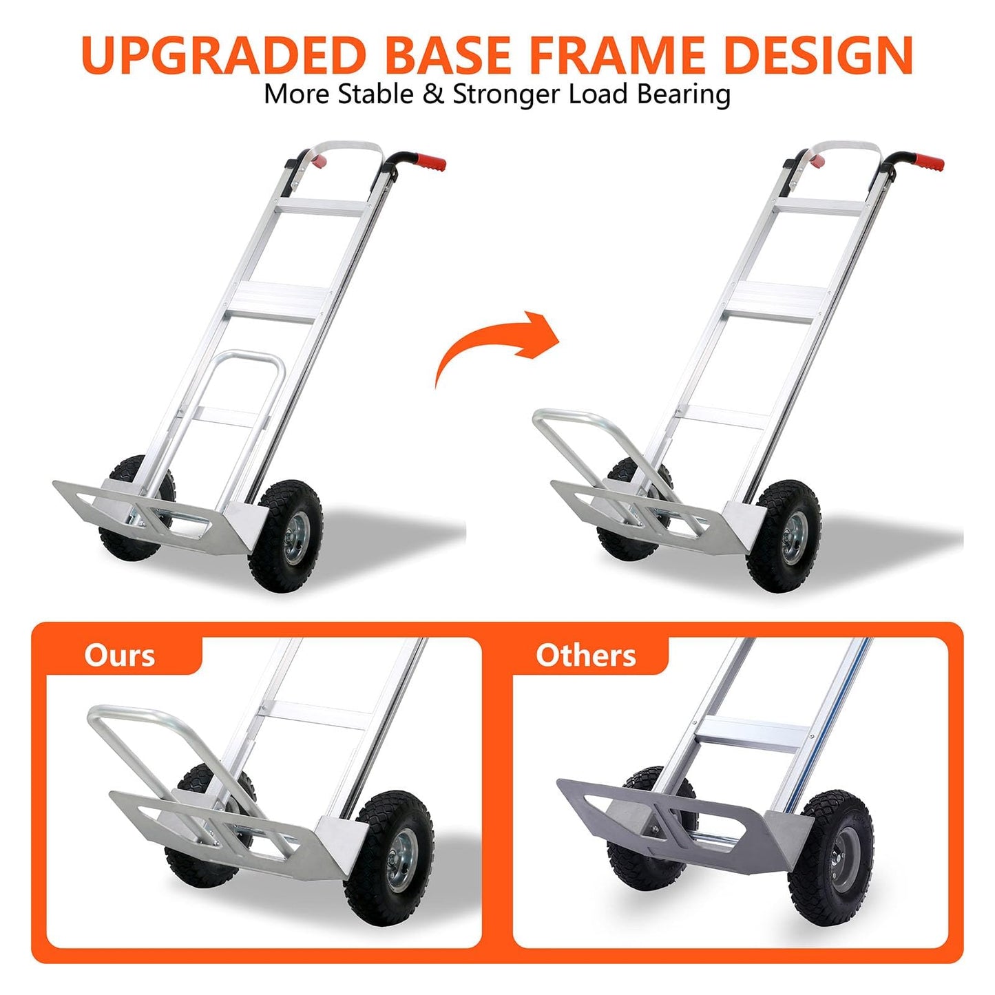 Aluminum Hand Truck 600 LBS Capacity, Handle Heavy Duty Industrial Dolly with 10" Pneumatic Tire and 2 Elastic Cords, Platform Cart for Transport and Moving in Home, Office, Warehouse, Supermarket