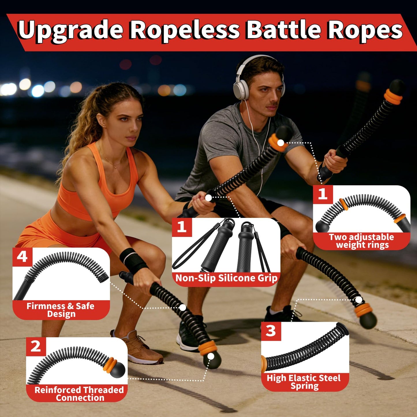Pinailon Ropeless Battle Ropes, Workout Exercise Rope for Strength Building, Heavy Duty Portable Cordless Battle Ropes for Home Gym, HIIT and Low-Impact Aerobic Training for Men & Women, Black