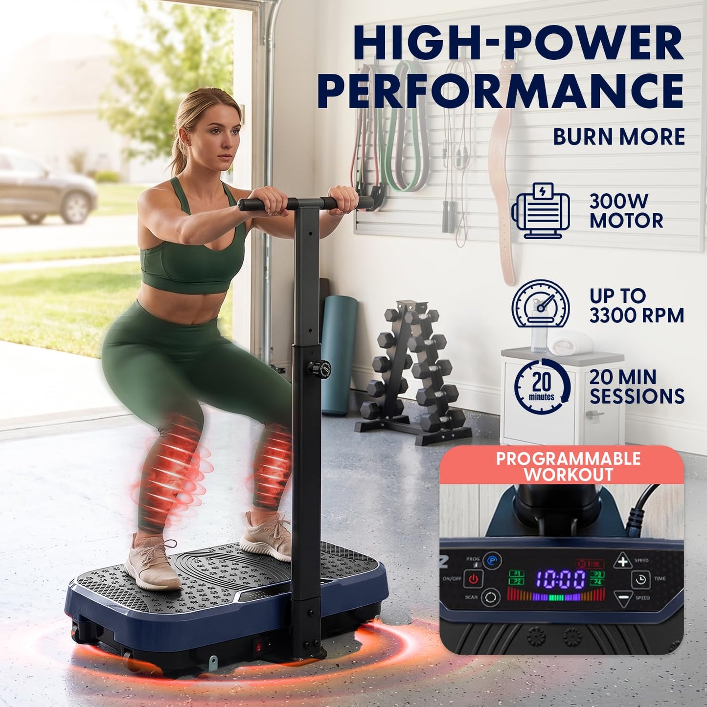 SQUATZ Vibration Plate Exercise Machine with Handlebar, Vibration Plate with Handles, 1-99 Speed Levels, 10 Preset Programs, Low-Impact Home Fitness Platform with Remote, Portable Design, Blue
