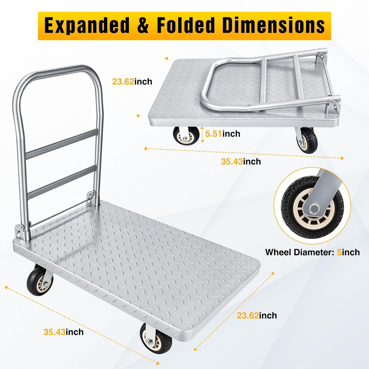 POTOLON Stainless Steel Platform Cart, 1320 lbs Capacity Heavy Duty Push Cart Dolly with 5-Inch Rubber Silent Wheels, 35.4 x 23.6 Inch Flatbed Cart for Industrial & Warehouse Use, Black