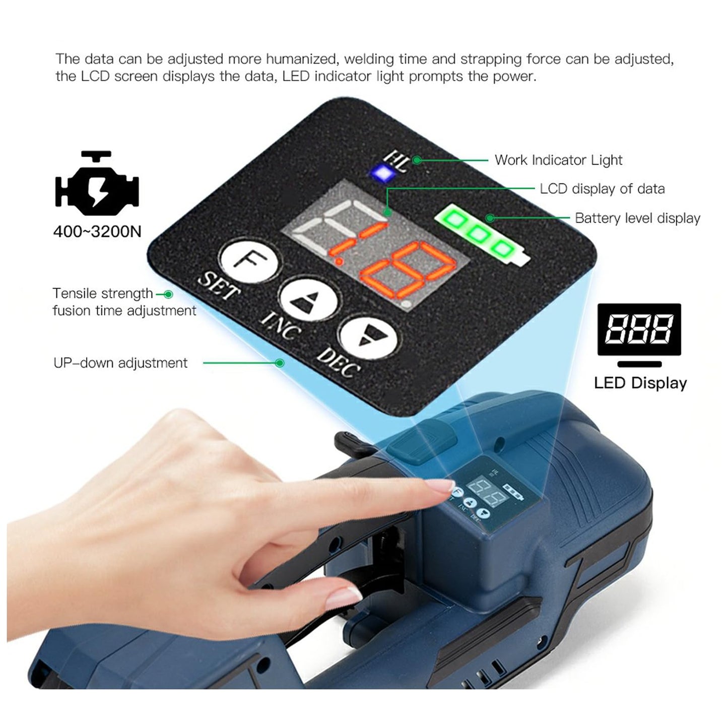 HIGHTOP Electric Strapping Machine with LCD Screen 2 * 4000mah Battery,Portable Electric Banding Tool for 1/2-5/8Inch PP PET Straps,Automatic Pallet Packaging Banding Tools for Strapping