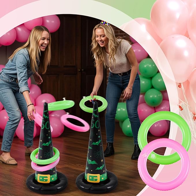 Leitee 10 Pcs Halloween Inflatable Witch Hat Ring Toss Game Set Carnival Pink and Green Inflatable Ring Toss Games Toys for Witch Themed Birthday Party Decoration Indoors Outdoors