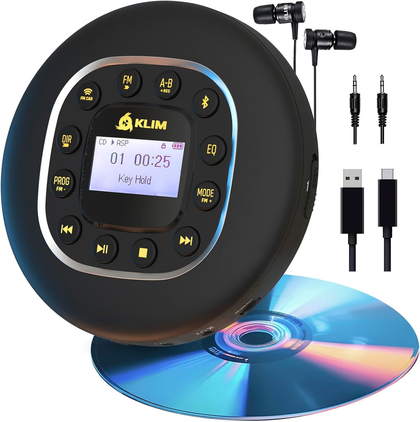 KLIM MP3 Journey - Portable CD Player Walkman with Long-Lasting Battery - New - with Headphones - Radio FM - Compatible