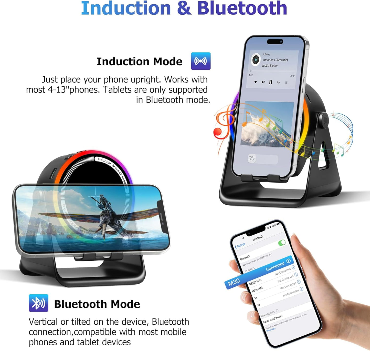 Cawinii 4-in-1 360 Wireless Induction Bluetooth Speaker, with Rotating Phone Holder and RGB Ambient Light
