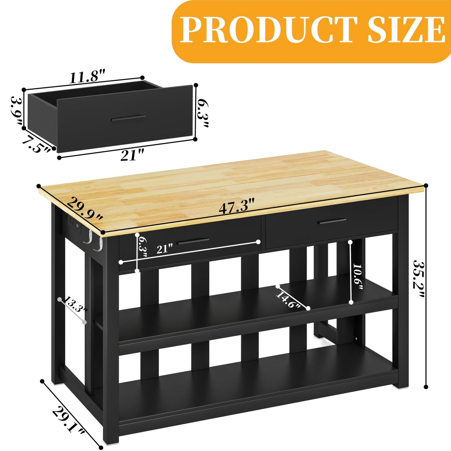 DynJest 47.3" Solid Rubberwood Kitchen Island with Power Outlets - Extra Large Work Surface, 2 Drawers & Open Shelves Storage Cabinet for Kitchen Dining Room, Farmhouse Style (Black)