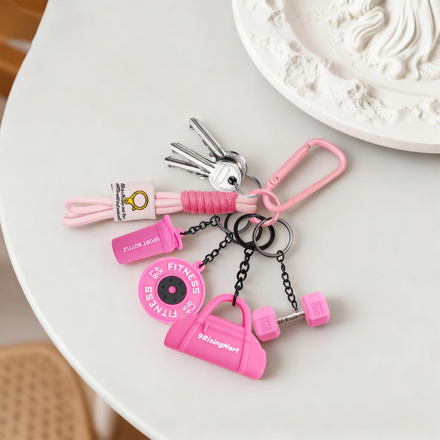 Dumbbell Keychain Set Gym Accessories for Women and Men Fitness Gifts, a Cute Mini Set for Gym Lovers & Couples, with Pink Water Bottle Charms - Ideal for Your Bag, Backpack and Car Accessories