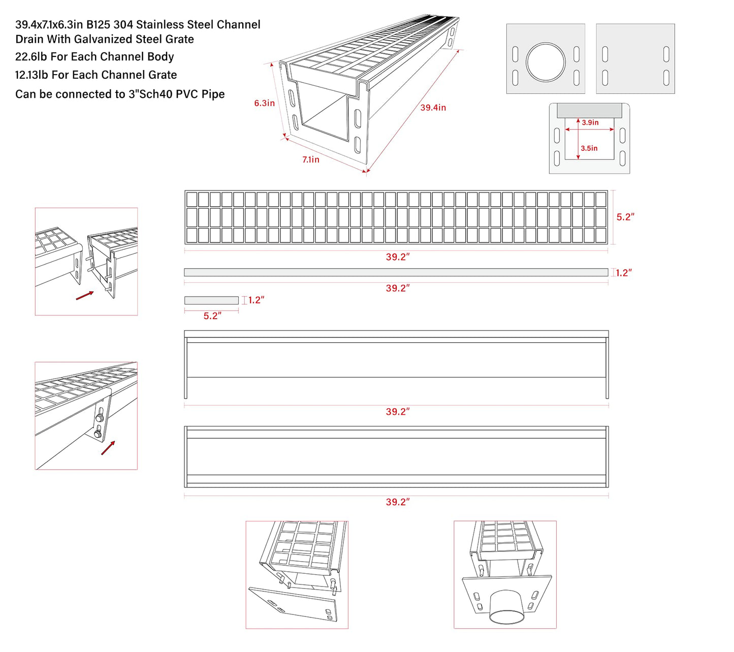 Natotela Driveway 304 Stainless Steel Channel Drain with Galvanized Steel Grate-39.4x7.1x6.3in B125 Heavy Duty Trench Drain System,3 Pack Total Length 118.2in,Metal Drainage System for Garage
