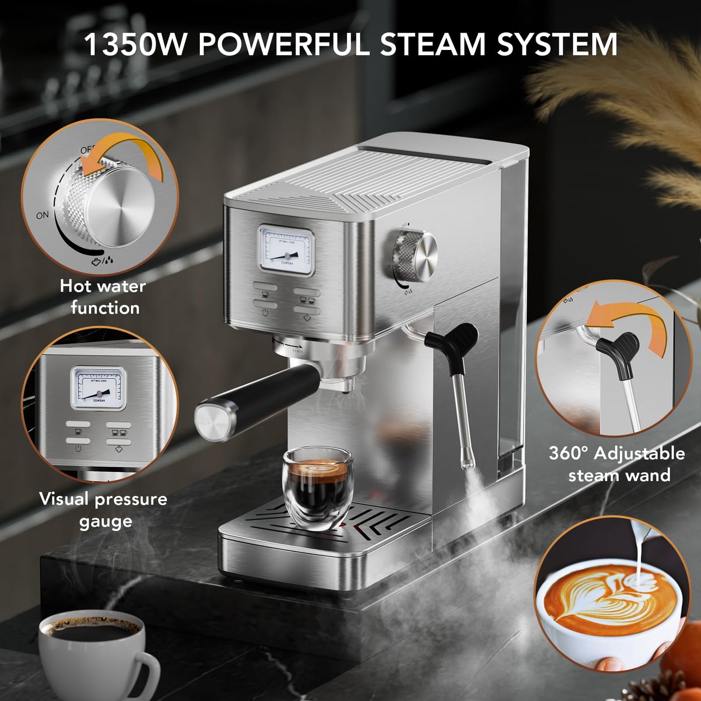 Espresso Machine 20 Bar, Compact Espresso Maker with Milk Frother, Visual Pressure Gauge, Commercial Coffee Machine with 47oz Removable Water Tank and Capsule Funnel, for Cappuccino, Latte