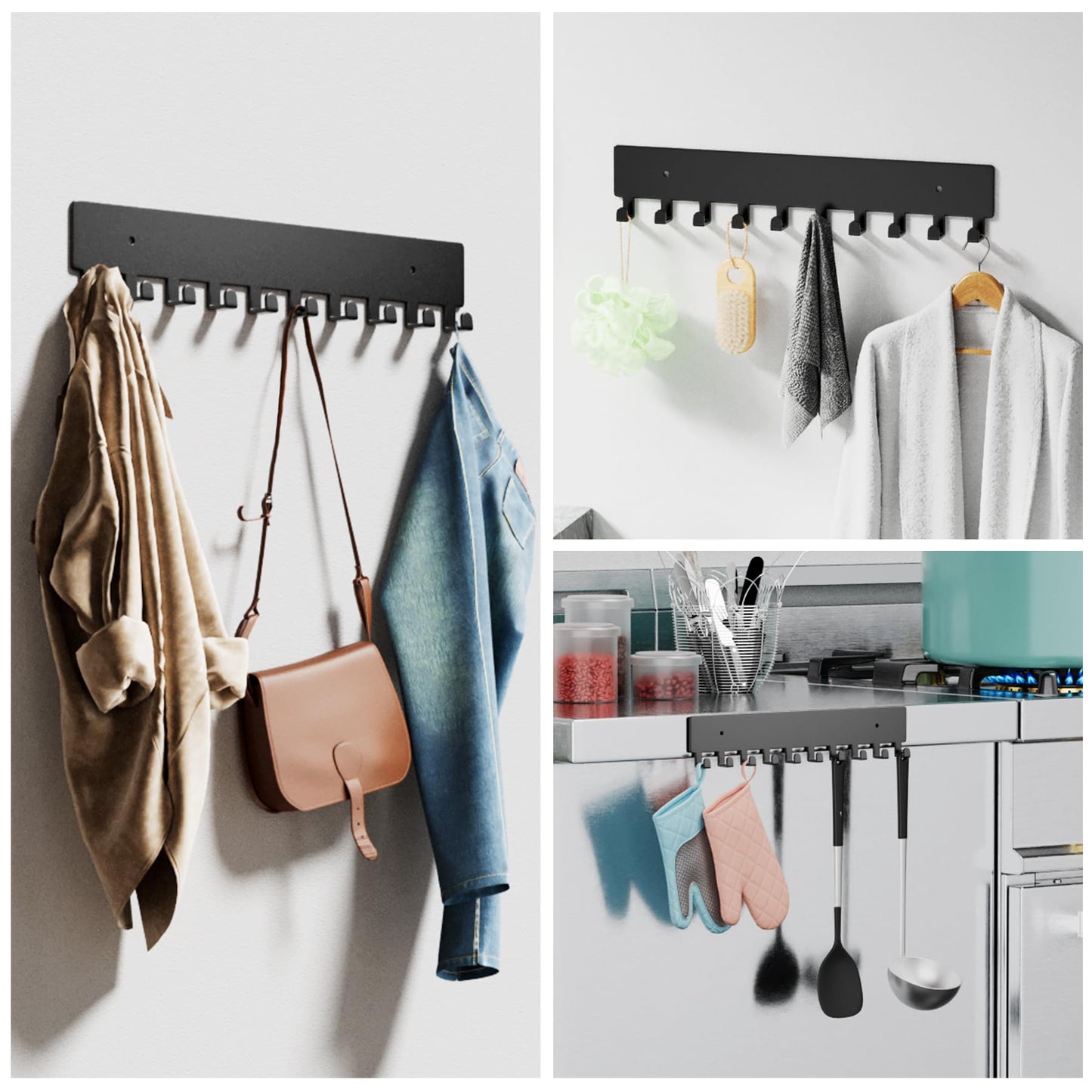 GTK Key Holder for Wall, Key Hooks with 10 Hooks, Wall Mounted Key Holder for Hallway, Self Adhesive Key Rack(Black)