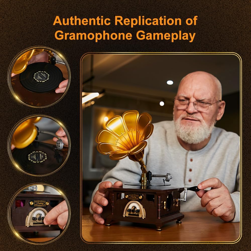 BRICKKK Set, Set, Set PANTASY Retro Phonograph Building Gramophone Music Box Building Kit, Vintage Music Player