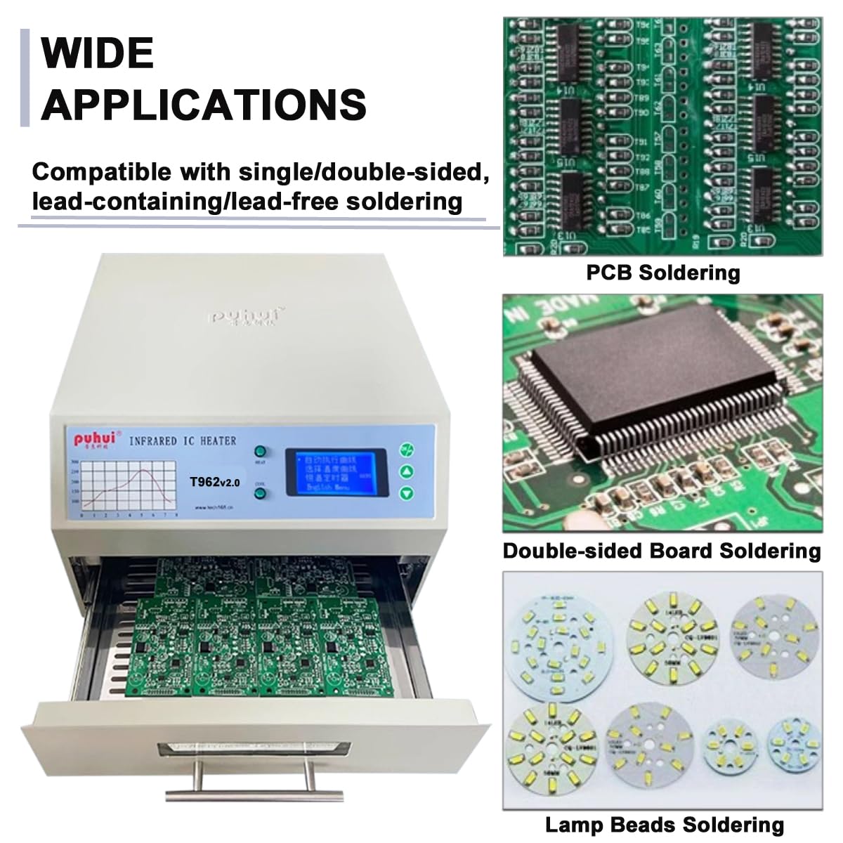 Huikizne Reflow Oven T-962 v2.0, 110V 800W Reflow Soldering Station, Micro-computer Control Reflow Soldering Machine with 7.1x9.3 Inch Soldering Area